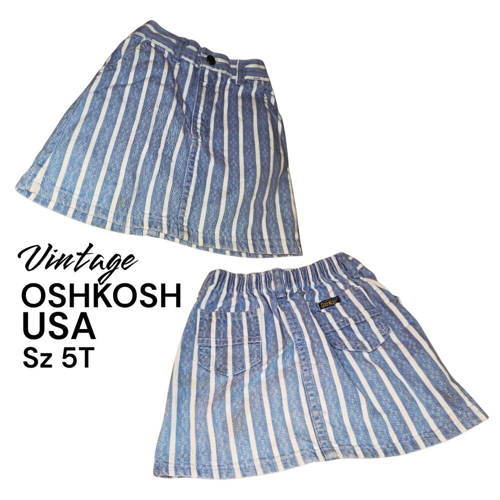 OSHKOSH B’GOSH Sz 5T USA Vintage Blue Pinstripe School Toddler Logo Denim Skirt